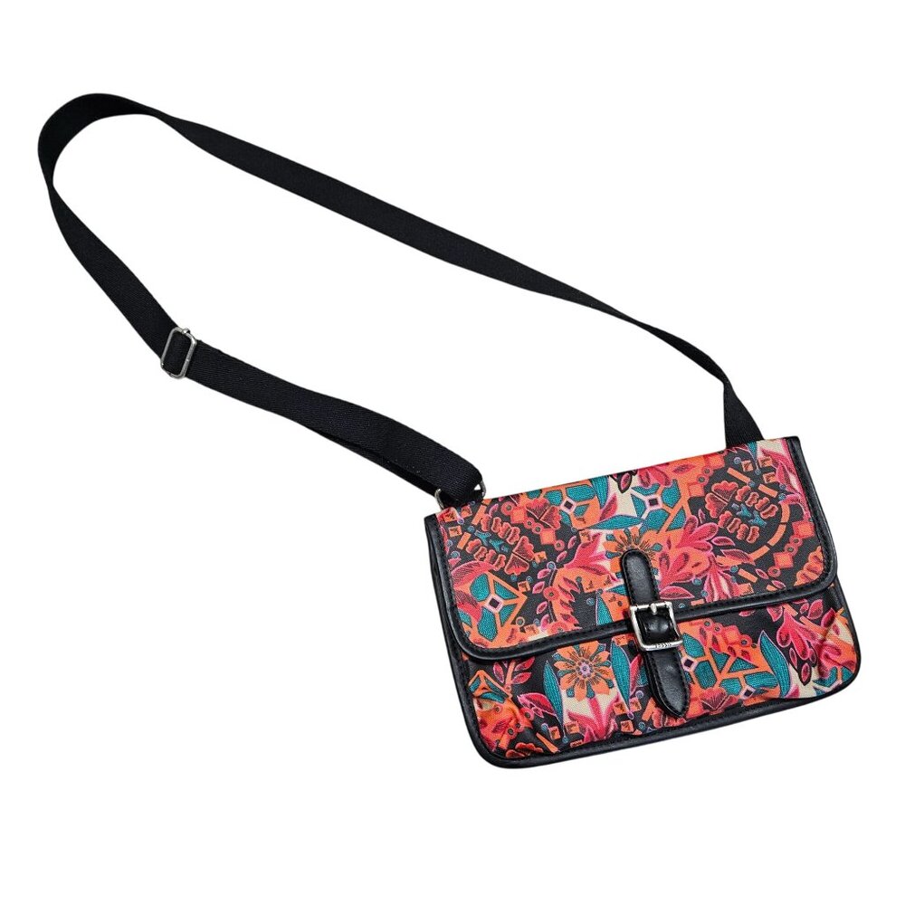 Fossil Floral Canvas Crossbody Bag With Black Adjustable Strap & Buckle Closure